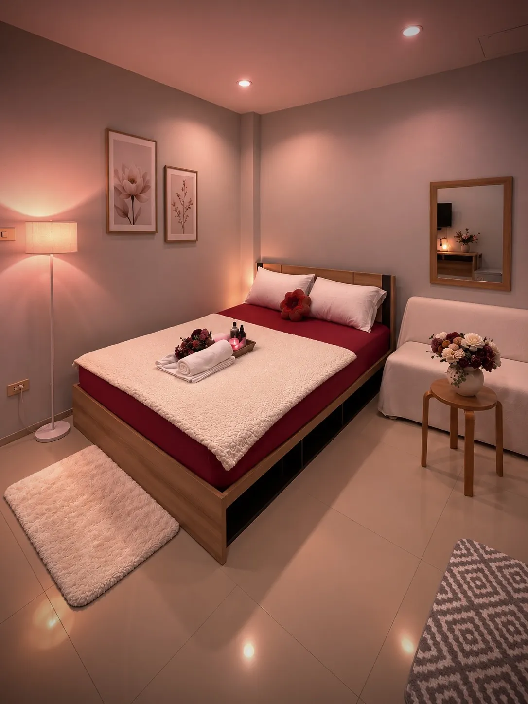 Warmly lit incall massage room with a prepared bed at Nuru Massage Phuket